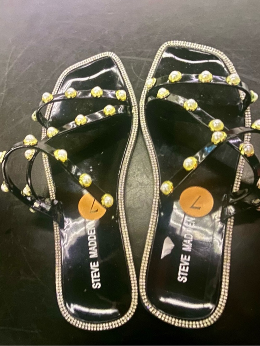 Steve Madden Black Jeweled Strappy Sandals with Yellow-Gold Accents